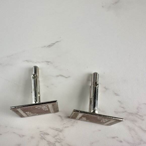 1960s Silver Cufflinks Etched Detail - Picture 5 of 8